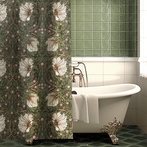 Pimpernel Sage Green  Warm White Pattern Morris Shower Curtain