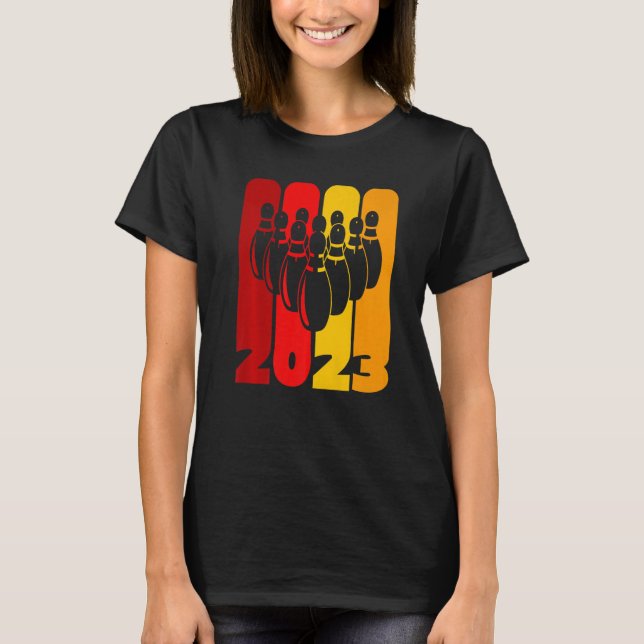 Pin and Bowling Ball Bowler Team 2023 More Strikes T-Shirt (Front)
