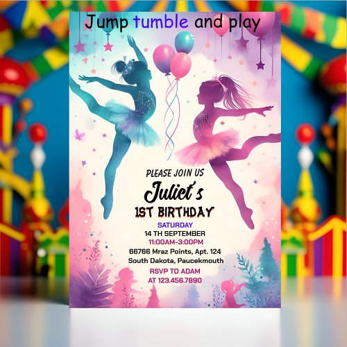 Pin modern cute Jump girl gymnastics 10th birthday Invitation