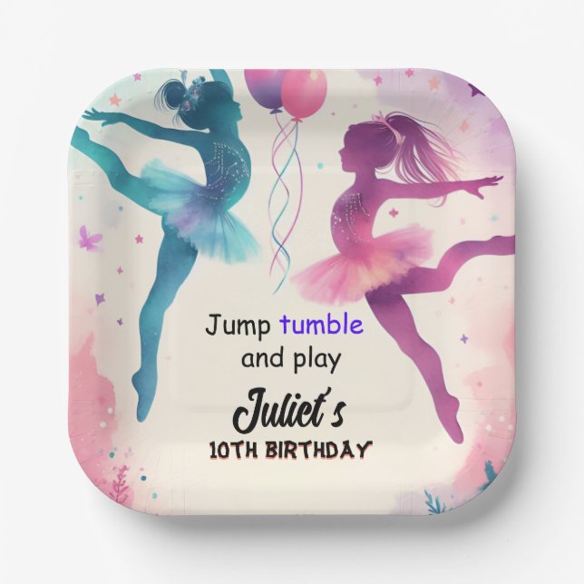Pin modern cute Jump girl gymnastics 10th birthday Paper Plates (Front)