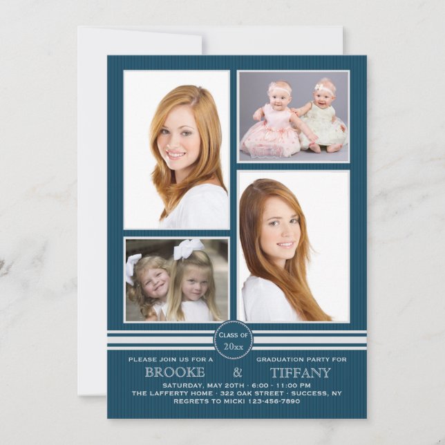 Pin Stripe Four Photo Blue Graduation Invitation (Front)