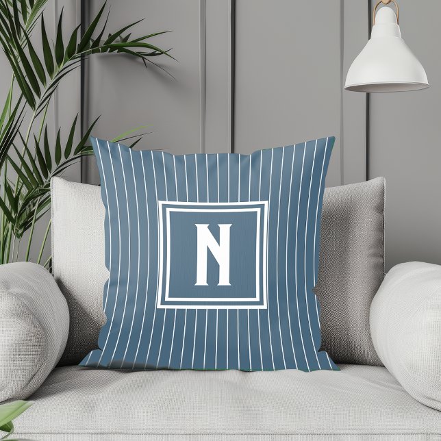 Pin Stripe - Navy + White - Monogram Throw Pillow (Creator Uploaded)