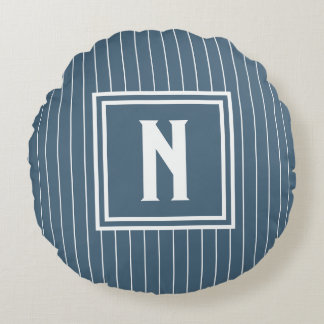 Pin Stripe - Navy + White Round Pillow