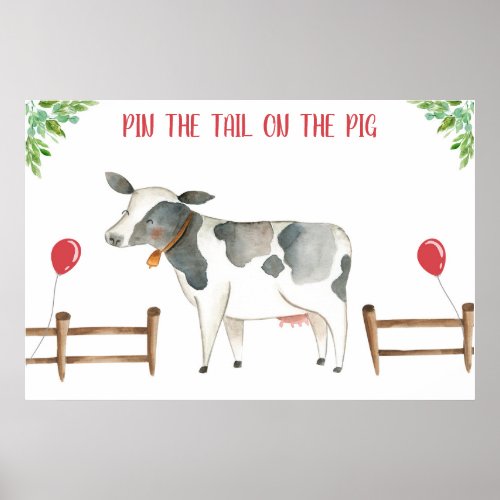 Pin the Tail Cow Farm Animals Boy Birthday Poster