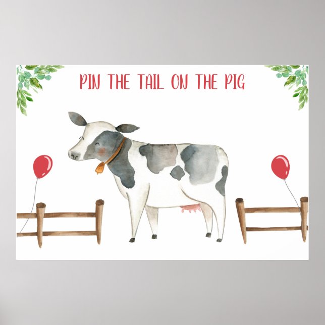 Pin the Tail Cow Farm Animals Boy Birthday Poster (Front)
