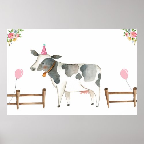Pin the Tail Cow Farm Animals Girl Birthday Pink Poster