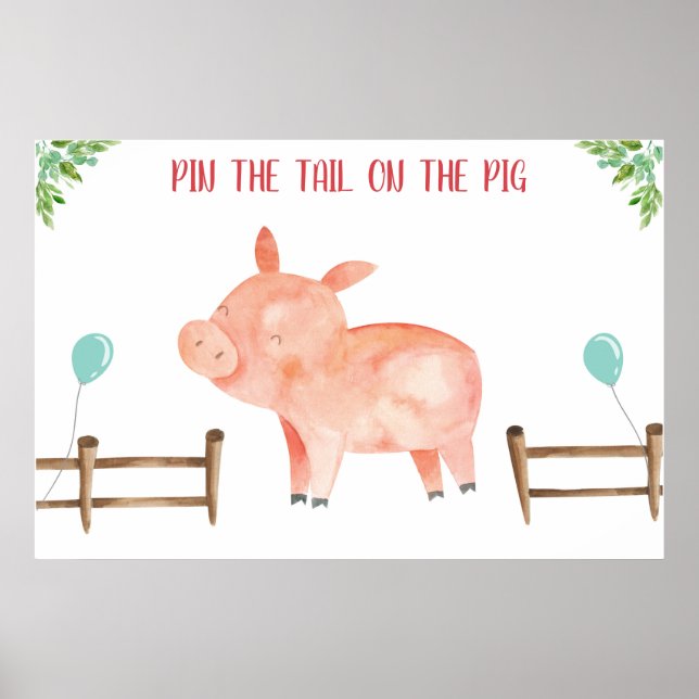 Pin the Tail Pig Farm Animals Boy Birthday Poster (Front)