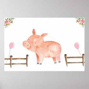 Pin the Tail Pig Farm Animals Girl Birthday Pink Poster