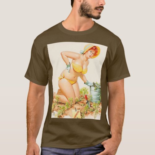 Pin up big redhead woman on garden vintage poster T_Shirt