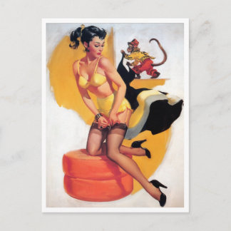 Pin Up Brunette Monkey Business Vintage Postcard