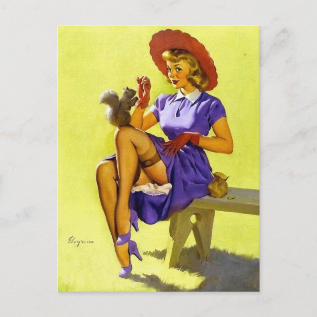 Pin-Up Feeding a Squirrel Postcard (Front)