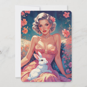 Pin-Up Floral Cute Easter Bunny Holiday Card