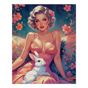 Pin-Up Floral Cute Easter Bunny Poster