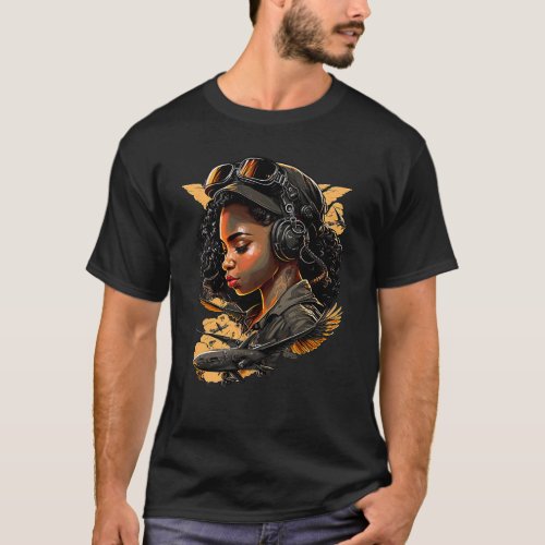 Pin Up Girl Black Woman Bomber Pilot Aviation T_Shirt