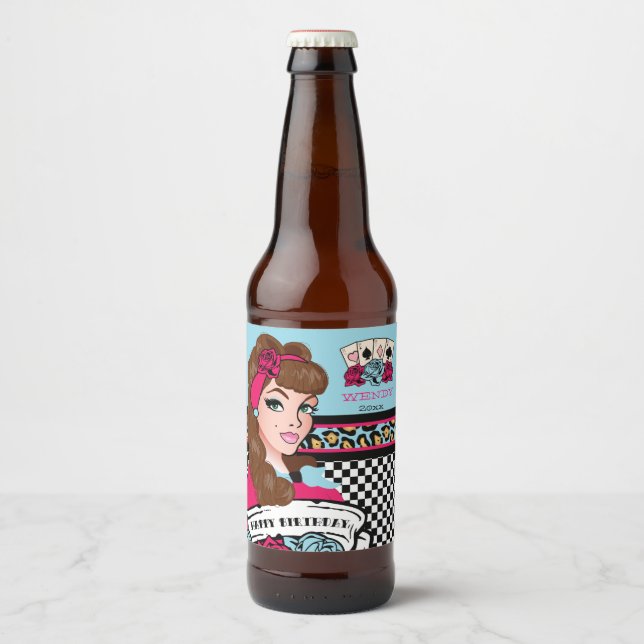 Pin-up Girl, Checkered & Leopard Beer Bottle Label (Front)