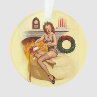 Pin Up Girl Christmas by the Fireplace Ornament