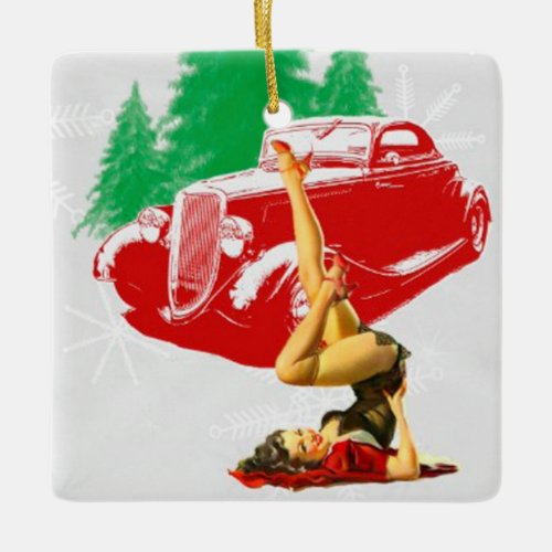 Pin Up Girl Classic Car Ceramic Ornament