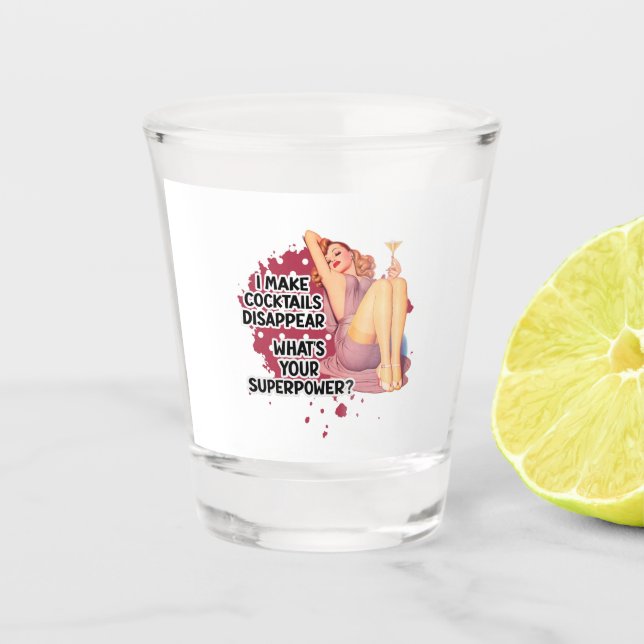 Pin-up Girl Drinking Retro Housewife Humor Shot Glass (Front)