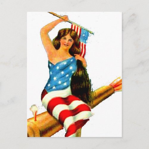 Pin Up Girl in Flag July 4th Vintage Postcard Art