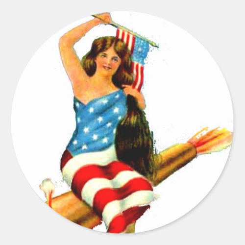 Pin Up Girl in Flag July 4th Vintage Postcard Art Classic Round Sticker