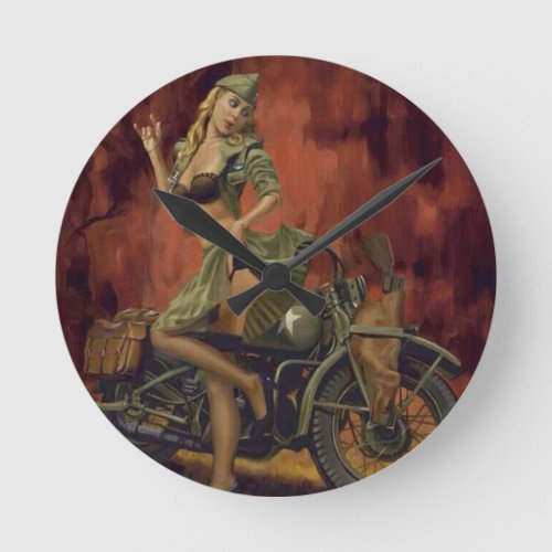 PIN UP GIRL  MOTORCYCLE ROUND CLOCK