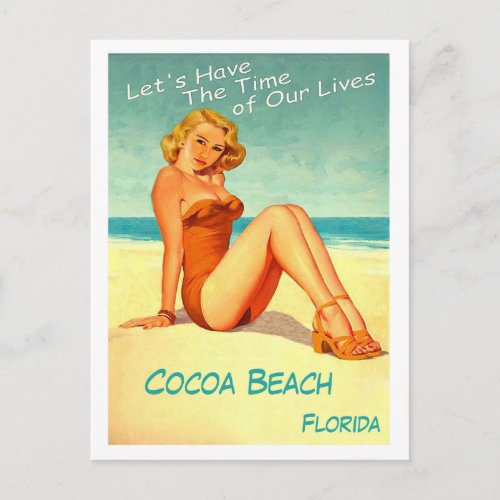 Pin up girl on Cocoa beach Floridavintage travel Postcard