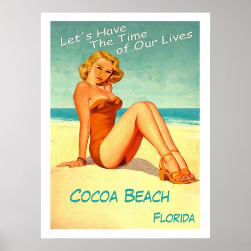 Pin up girl on Cocoa beach Floridavintage travel Poster