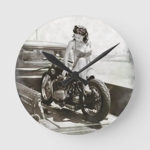 PIN UP GIRL ON MOTORCYCLE ROUND CLOCK
