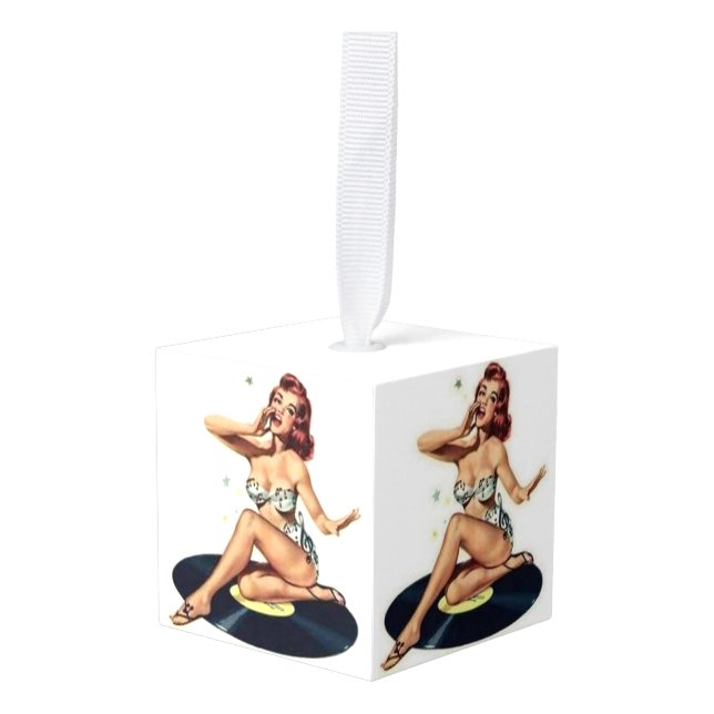 Pin Up Girl on Record Cube Ornament (Front Angled)