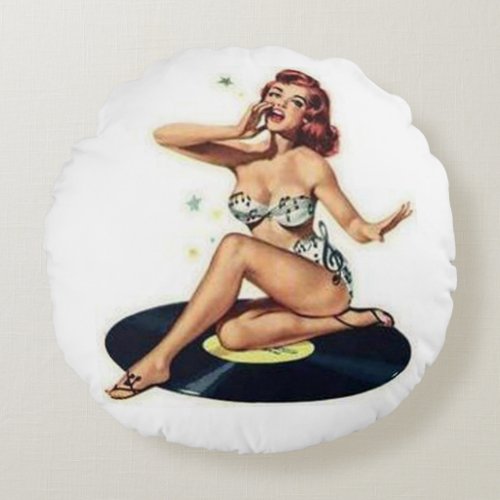 Pin Up Girl on Record Round PIllow