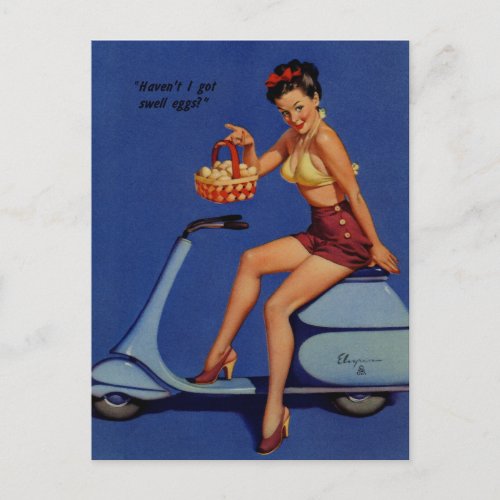 PIN UP GIRL ON SCOOTER VINTAGE ART POSTCARD