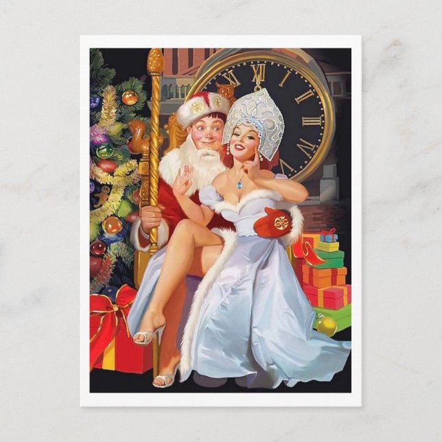 Pin-up girl sitting on lap of a very lucky guy postcard (Front)