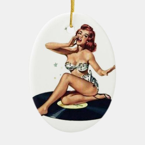 Pin Up Girl sitting on Record Ceramic Ornament