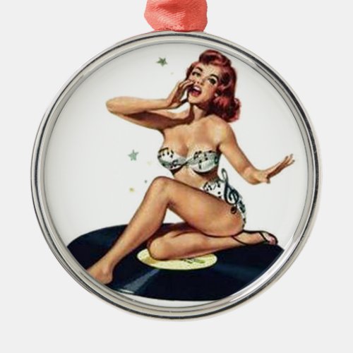 Pin Up Girl sitting on Record Metal Ornament