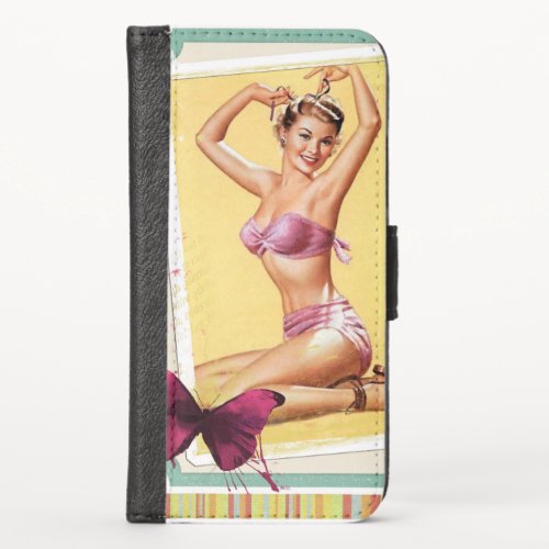 Pin up girl vintage bikini scrapbook style iPhone x wallet case