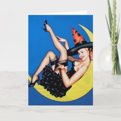 Pin_Up Girl Witch on The Moon Halloween Card
