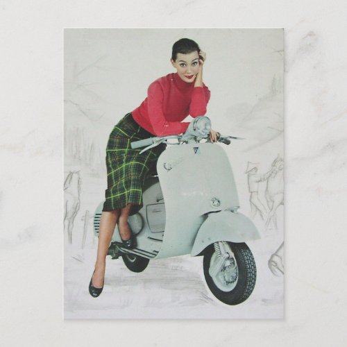 PIN UP GIRL WITH SCOOTER VINTAGE ART POSTCARD