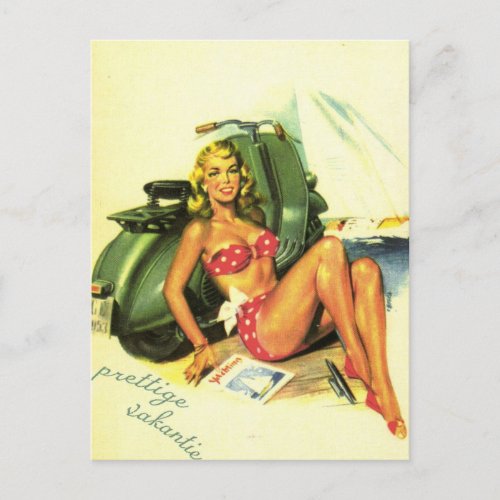 PIN UP GIRL WITH SCOOTER VINTAGE ART POSTCARD