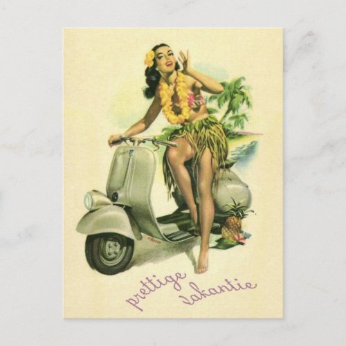PIN UP GIRL WITH SCOOTER VINTAGE ART POSTCARD