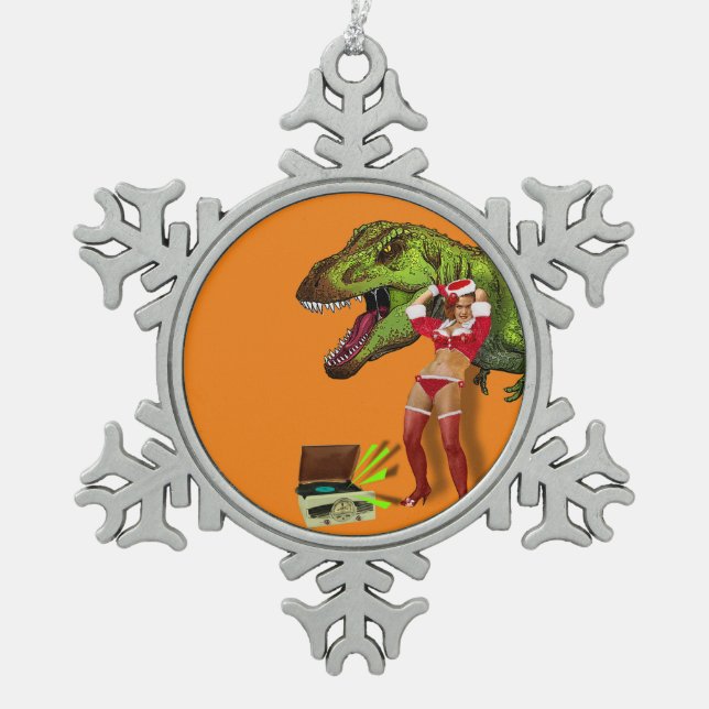Pin-up Navideña Jurassic Snowflake Pewter Christmas Ornament (Front)