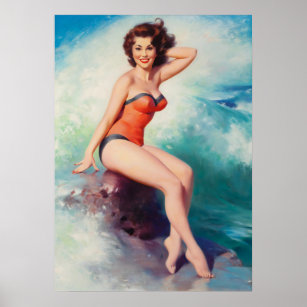 Pin-Up Posing Next to the Surf Art Poster