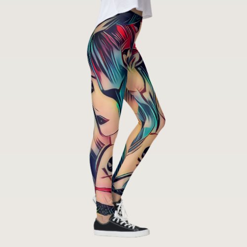 Pin_Up Tattooed Gothic Girls with Blue Hair Leggings