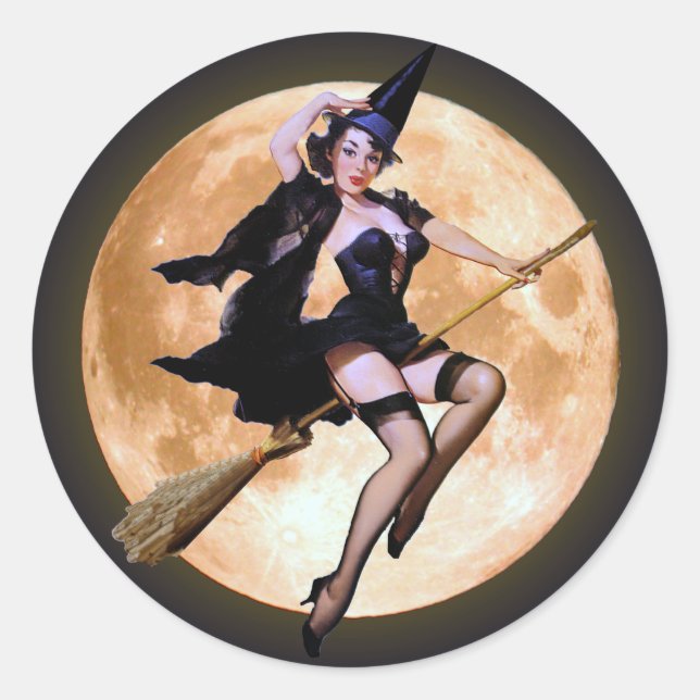Pin-Up Witch Against a Harvest Moon Classic Round Sticker (Front)