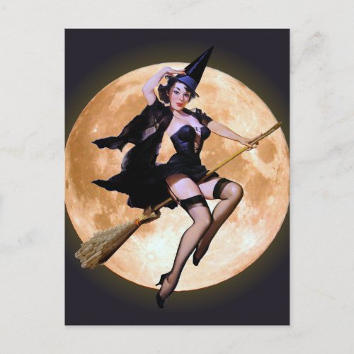 Pin_Up Witch Against a Harvest Moon Postcard