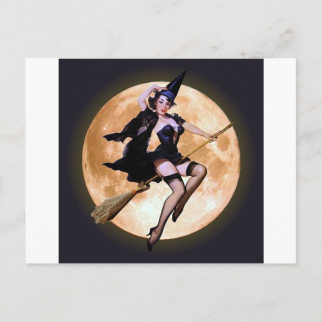 Pin-Up Witch Against a Harvest Moon Postcard (Front)