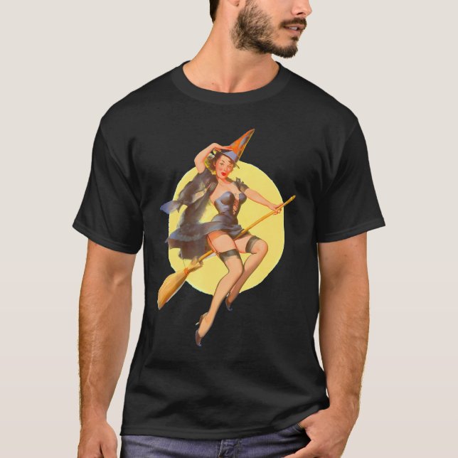 Pin Up Witch Halloween Pinup Girl Funny Ilustratio T-Shirt (Front)