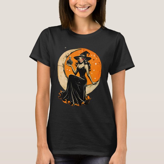 Pin-Up Witch – Vintage Halloween T-Shirt (Front)
