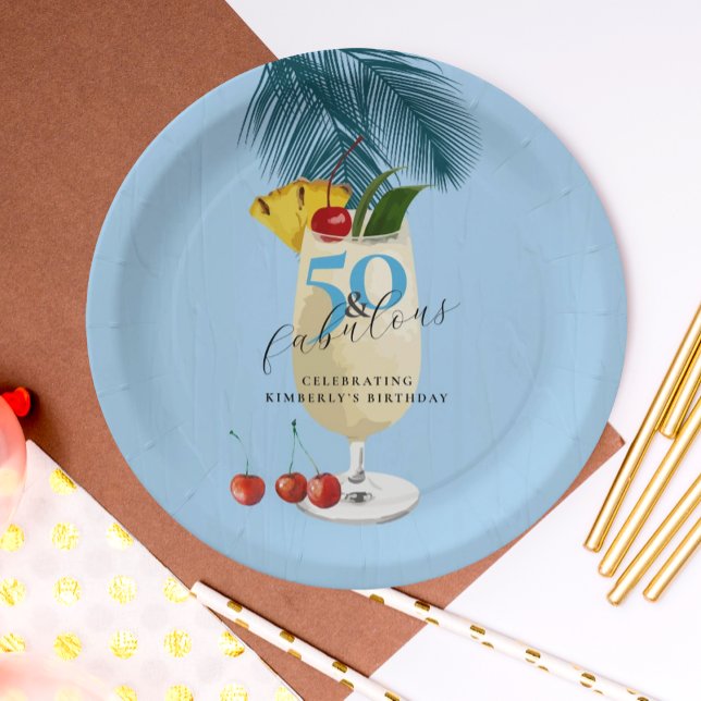 Pina Colada Cocktail Blue 50th Birthday Party Paper Plates (Creator Uploaded)
