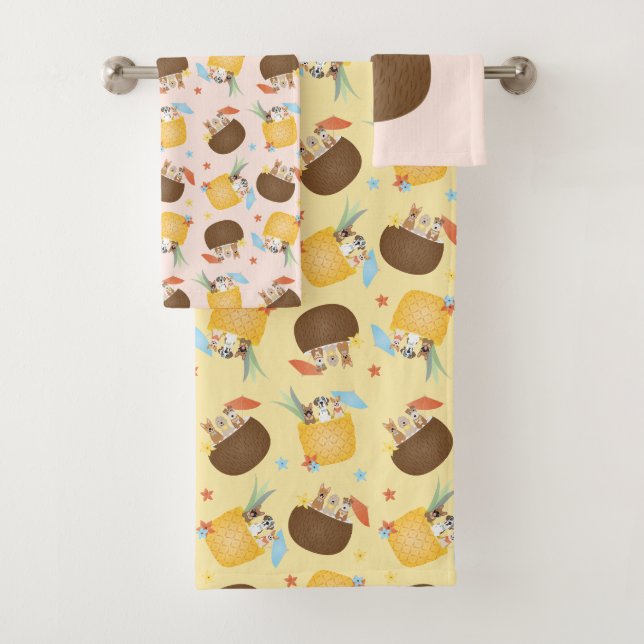 Pina Colada Pineapple Coconut Dogs Pattern Bath Towel Set (Insitu)