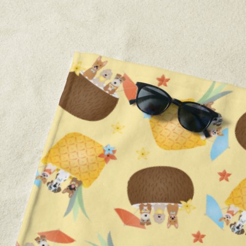 Pina Colada Pineapple Coconut Dogs Pattern Beach Towel